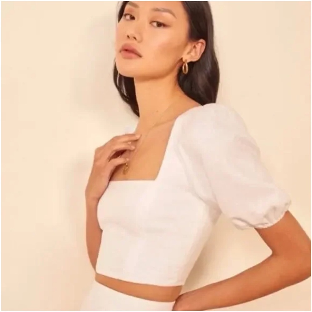 Reformation Yucca White Linen Square Neck Puff Sleeve Cropped Top Size 0 Blouse